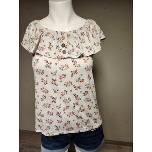 Discreet Floral Ruffle Overlay Soft Sleeveless Blouse Size Juniors M